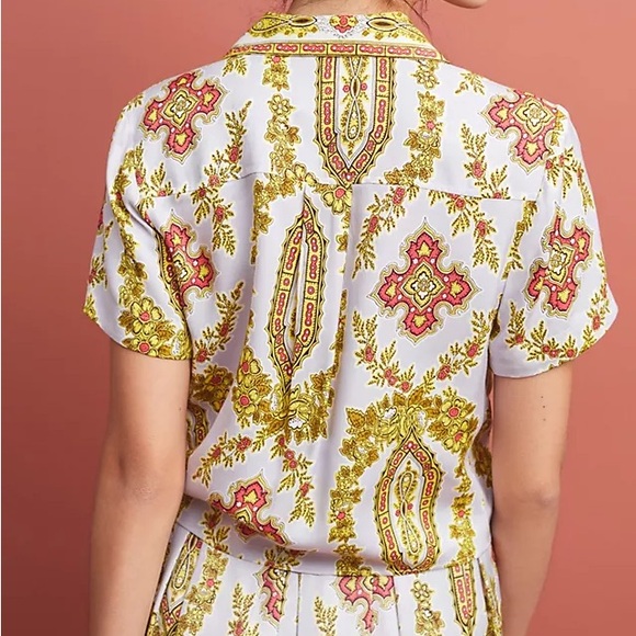 Anthropologie Echarpe Paisley Tie-Front Top Yellow Floral Accents 4 - Picture 3 of 8